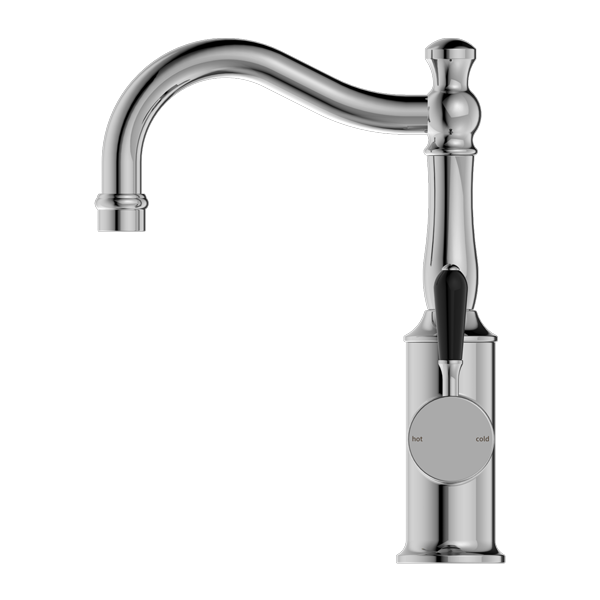 Nero York Basin Mixer Hook Spout with Black Porcelain Lever