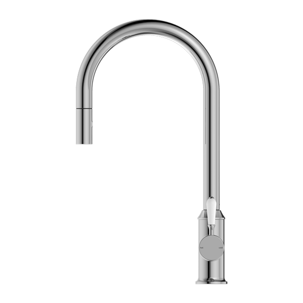 Nero York Pull Out Sink Mixer with Vegie Spray Function with White Porcelain Lever