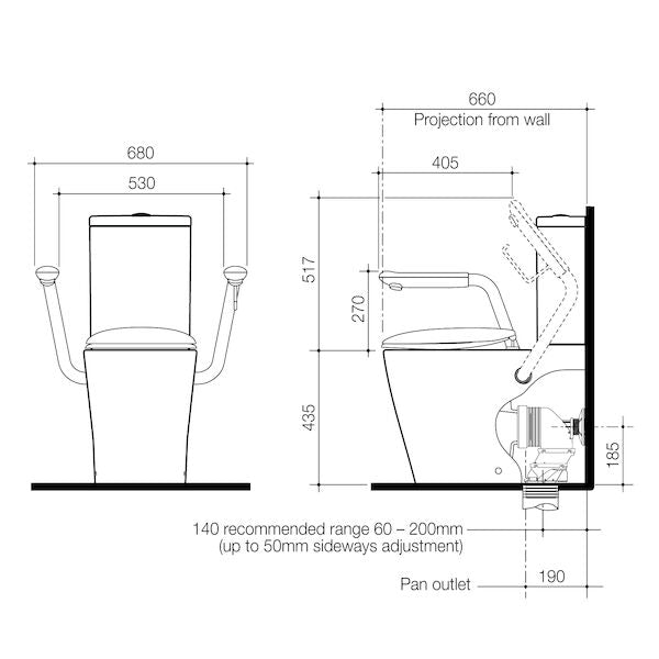 Caroma Care 660 Cleanflush Wall Faced Close Couple Easy Height BI Suite with Armrests and Caravelle Double Flap Seat