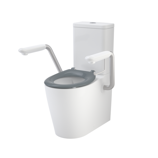 Caroma Care 660 Cleanflush WFCC Easy Height BE Suite with Armrests and Caravelle Single Flap Seat Anthracite Grey (GermGard®)
