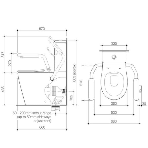 Caroma Care 660 Cleanflush Wall Faced Close Coupled Easy Height BI Suite with Nurse Call Armrests Left and Caravelle Single Flap Seat
