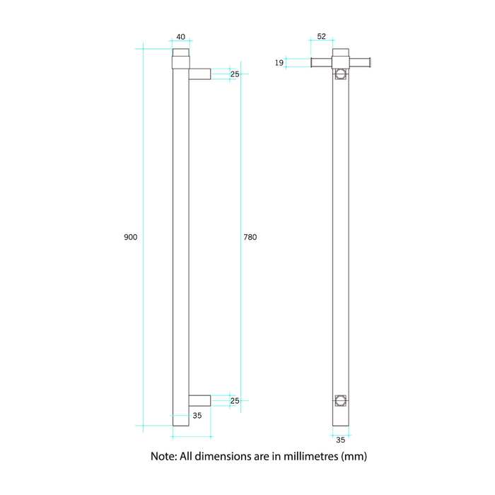 Thermorail Square 12Volt Vertical Bar 900x142x100mm 29Watts With Optional Hook - Matt Black