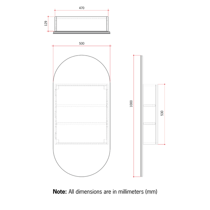 Thermogroup Lincoln Pill Mirror Cabinet - 500x1000x150mm