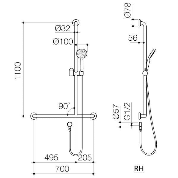 Caroma Care Support Shower Set with Inverted T Rail - RH- Matte Black