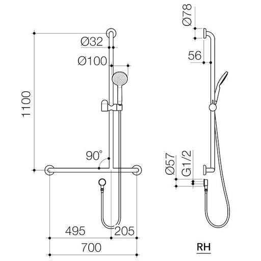 Caroma Care Support Shower Set with Inverted T Rail - RH- Matte Black