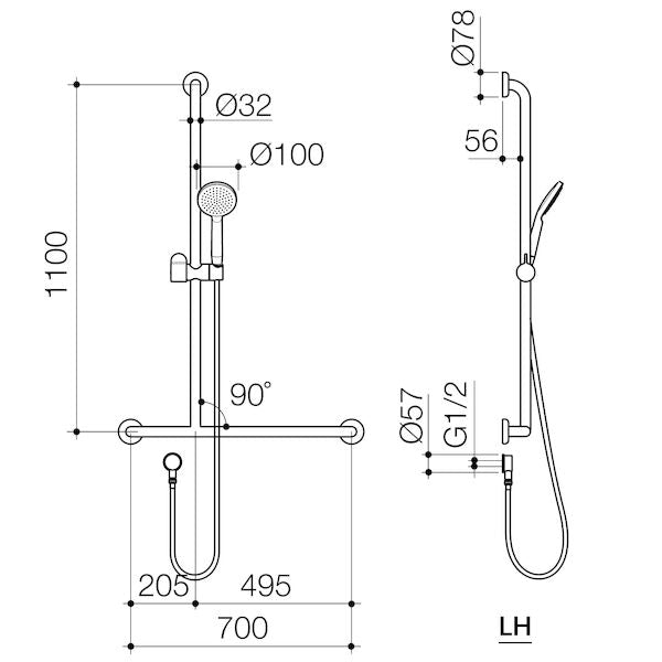 Caroma Care Support Shower Set with Inverted T Rail - LH- Chrome
