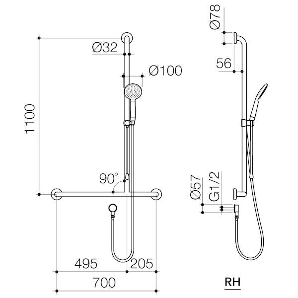 Caroma Care Support Accessible Shower Set with Inverted T Rail - RH - Chrome