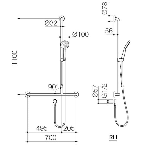 Caroma Care Support Accessible Shower Set with Inverted T Rail - RH - Chrome