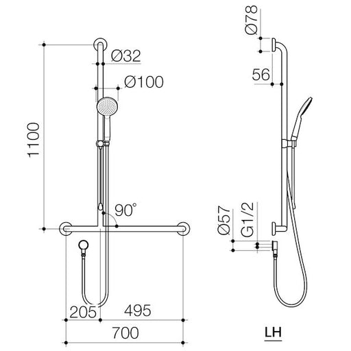 Caroma Care Support Accessible Shower Set with Inverted T Rail - LH - Chrome