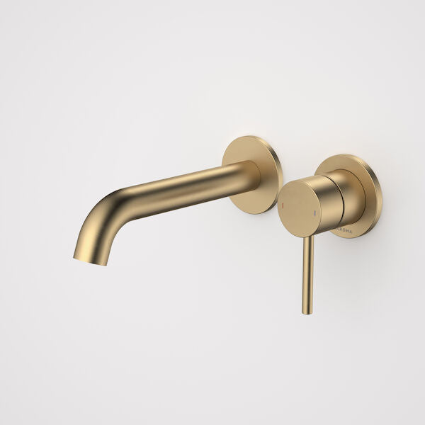 Caroma Liano II 175mm Wall Basin / Bath Mixer - 2 x Round Cover Plates - Brushed Brass - Sales Kit - Lead Free