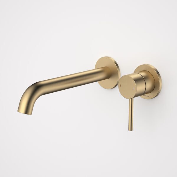 Caroma Liano II 210mm Wall Basin / Bath Mixer - 2 x Round Cover Plates - Brushed Brass - Sales Kit - Lead Free