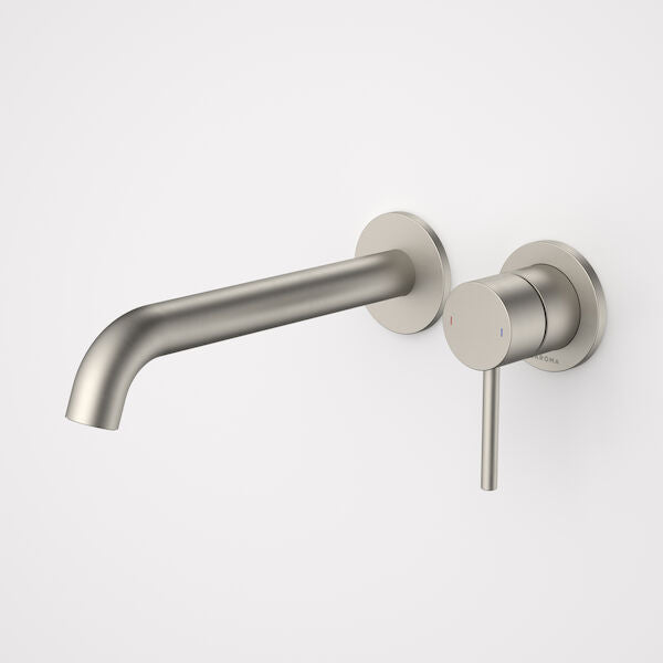 Caroma Liano II 210mm Wall Basin / Bath Mixer - 2 x Round Cover Plates - Brushed Nickel - Sales Kit - Lead Free