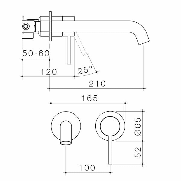 Caroma Liano II 210mm Wall Basin / Bath Mixer - 2 x Round Cover Plates - Brushed Brass - Sales Kit