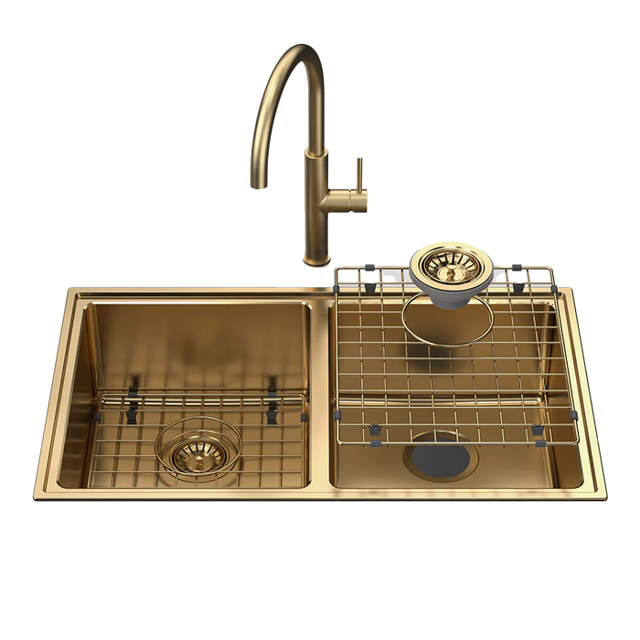 Caroma Urbane II Double Bowl Sink with Liano II Pull Out Sink Mixer - Brushed Brass