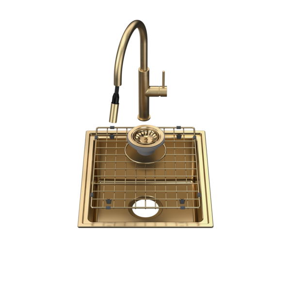Caroma Urbane II Single Bowl Sink with Liano II Pull Out Sink Mixer - Brushed Brass
