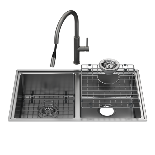 Caroma Urbane II Double Bowl Sink with Liano II Pull Out Sink Mixer - Gunmetal