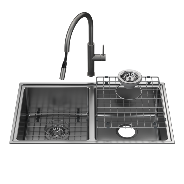 Caroma Urbane II Double Bowl Sink with Liano II Pull Out Sink Mixer - Gunmetal