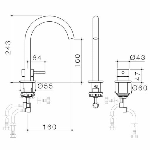 Caroma Liano II Hob Basin Mixer Set 160mm - Brushed Nickel