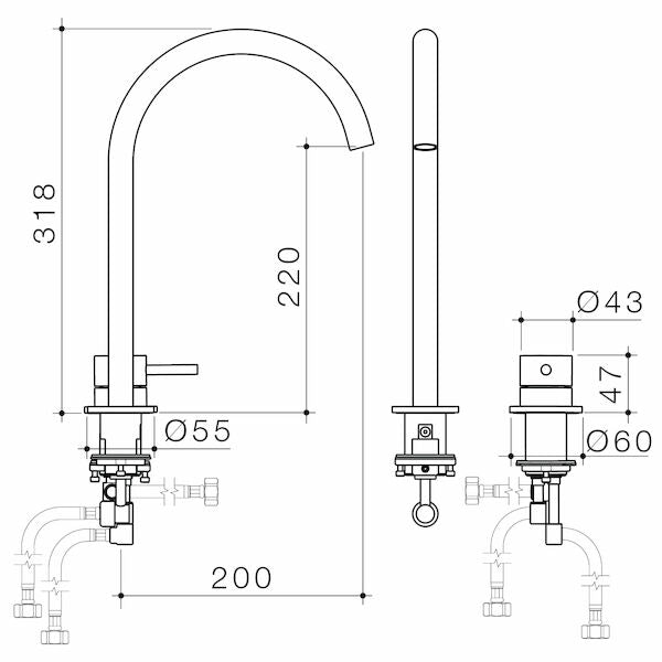 Caroma Liano II Hob Basin/Sink Mixer Set 200mm - Gun Metal