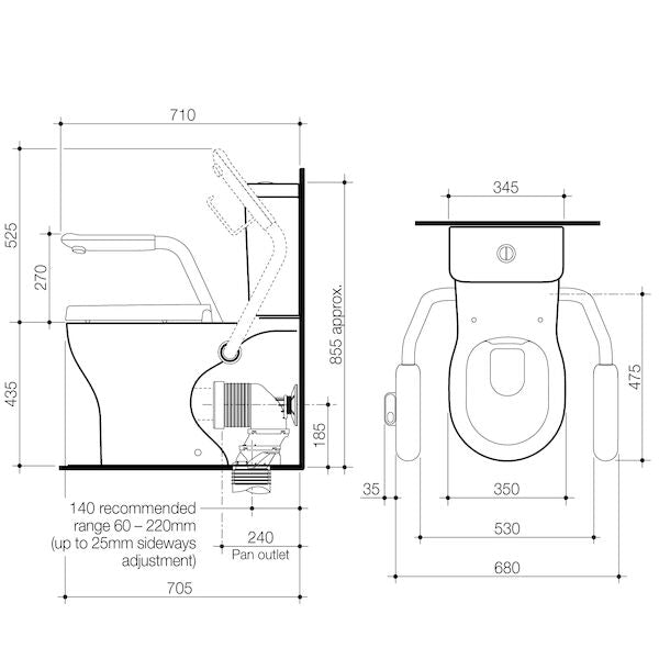 Caroma Opal Cleanflush Easy Height Wall Faced Close Coupled Suite with Armrest Mounting Kit