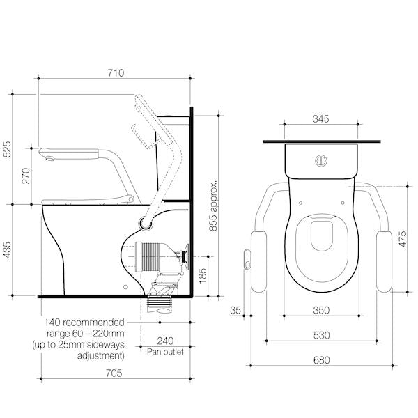 Caroma Opal Cleanflush Easy Height WFCC Suite with White Single Flap Seat and Nurse Call Armrest Right