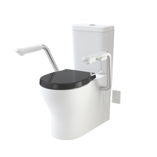 Caroma Opal Cleanflush Easy Height WFCC Suite with Double Flap Seat Black and Nurse Call Armrest Left