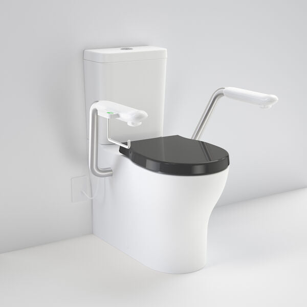 Caroma Opal Cleanflush Easy Height WFCC Suite with Double Flap Seat Black and Nurse Call Armrest Right