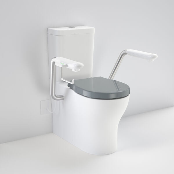 Caroma Opal Cleanflush Easy Height WFCC Suite with Double Flap Seat Anthracite Grey and Nurse Call Armrest Right