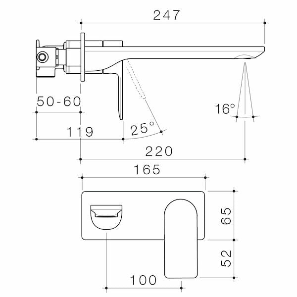 Caroma Urbane II 220mm Wall Basin / Bath Mixer - Rectangular Cover Plate - Brushed Brass - Sales Kit