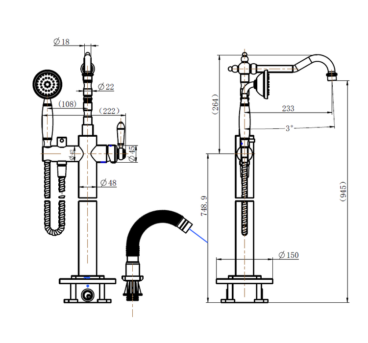 Modern National Bordeaux Freestanding Bath Mixer With Handshower