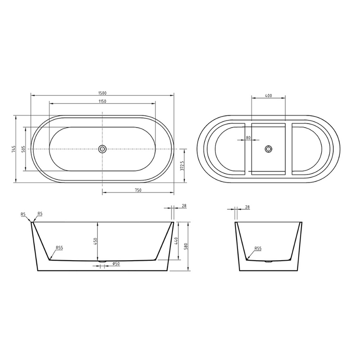 Prato Freestanding Acrylic Bath 1500mm Gloss White