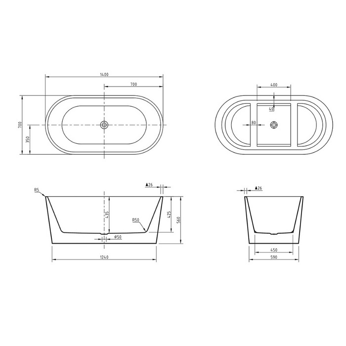 Prato Freestanding Acrylic Bath 1400mm Gloss White