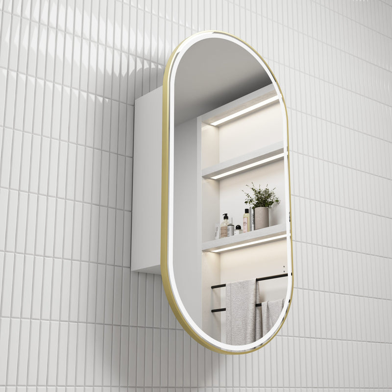 Aulic Beau Monde Oblong LED Shaving Cabinet matte white brushed gold