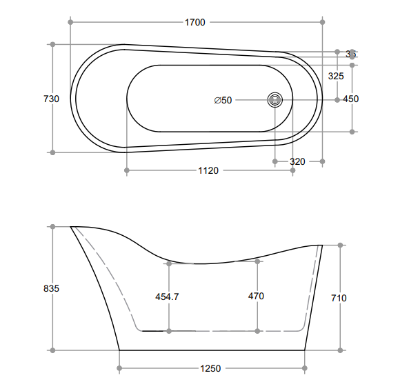 Bevel Free Standing 1700x730x835