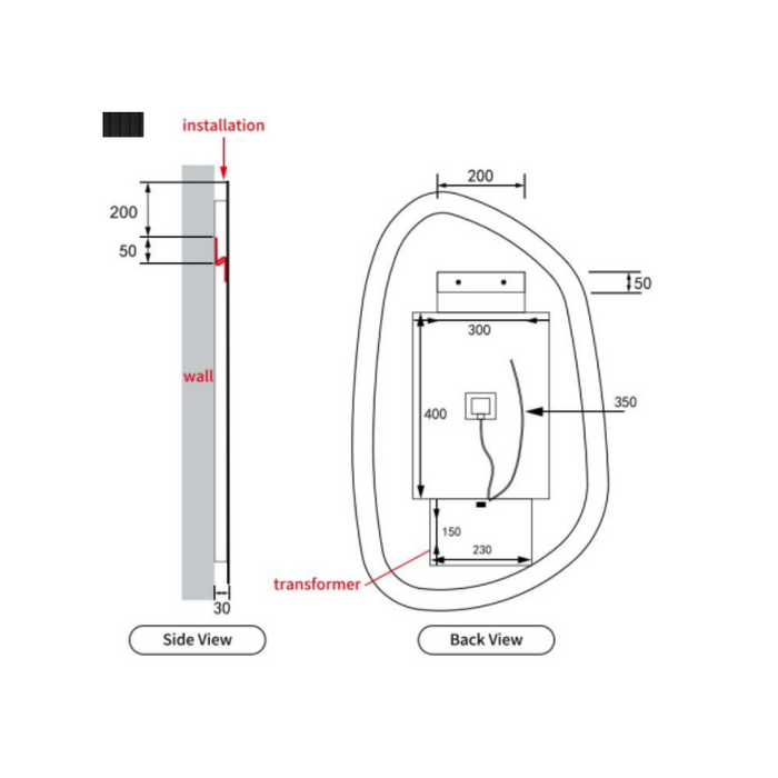 Aulic Tarcoola Asymmetric LED Mirror diagram