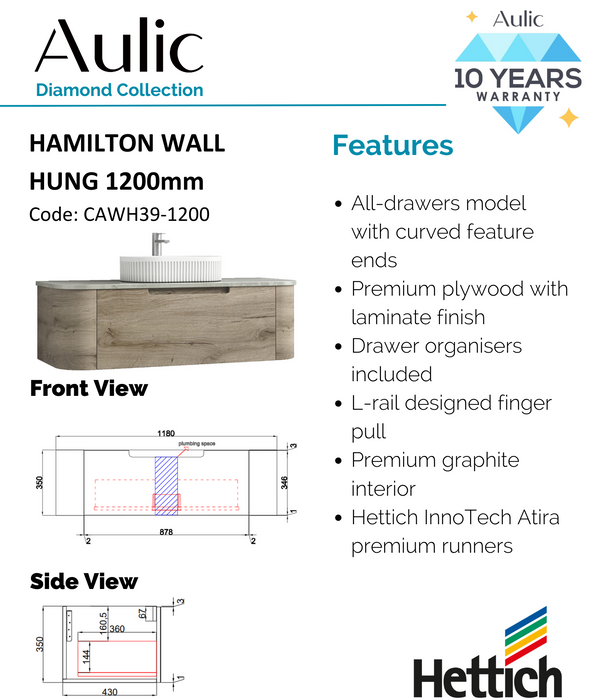 Aulic Hamilton Wall Hung Curving Plywood Finger Pull Cabinet 1200mm