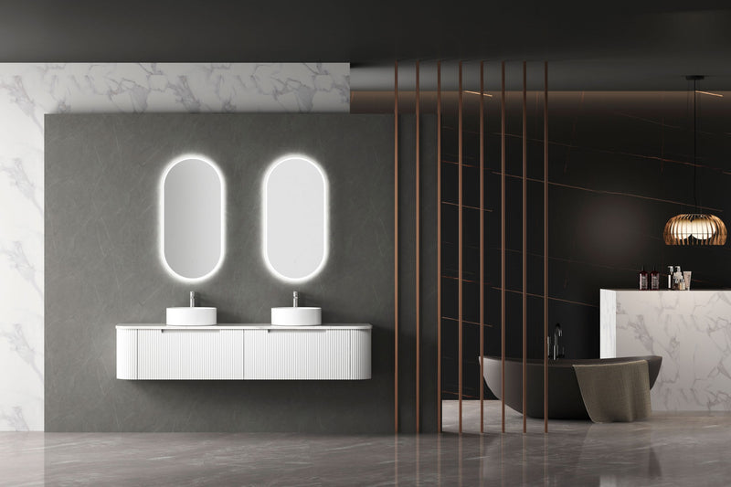 Aulic Petra Mark II Wall Hung Curving V Groove Matte White Finger Pull Cabinet 1800mm