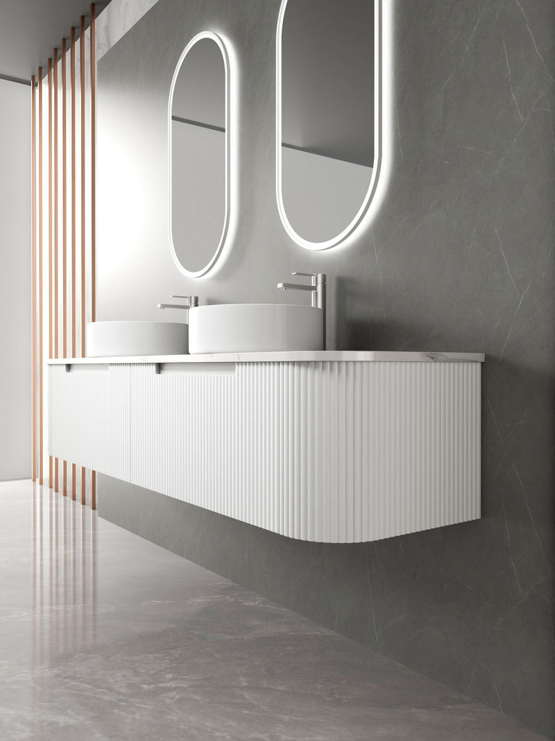 Aulic Petra Mark II Wall Hung Curving V Groove Matte White Finger Pull Cabinet 1500mm 