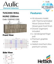 Aulic Tuscana Wall Hung Wave Groove Finger Pull Cabinet 1500mm