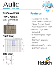 Aulic Tuscana Wall Hung Wave Groove Finger Pull Cabinet 750mm