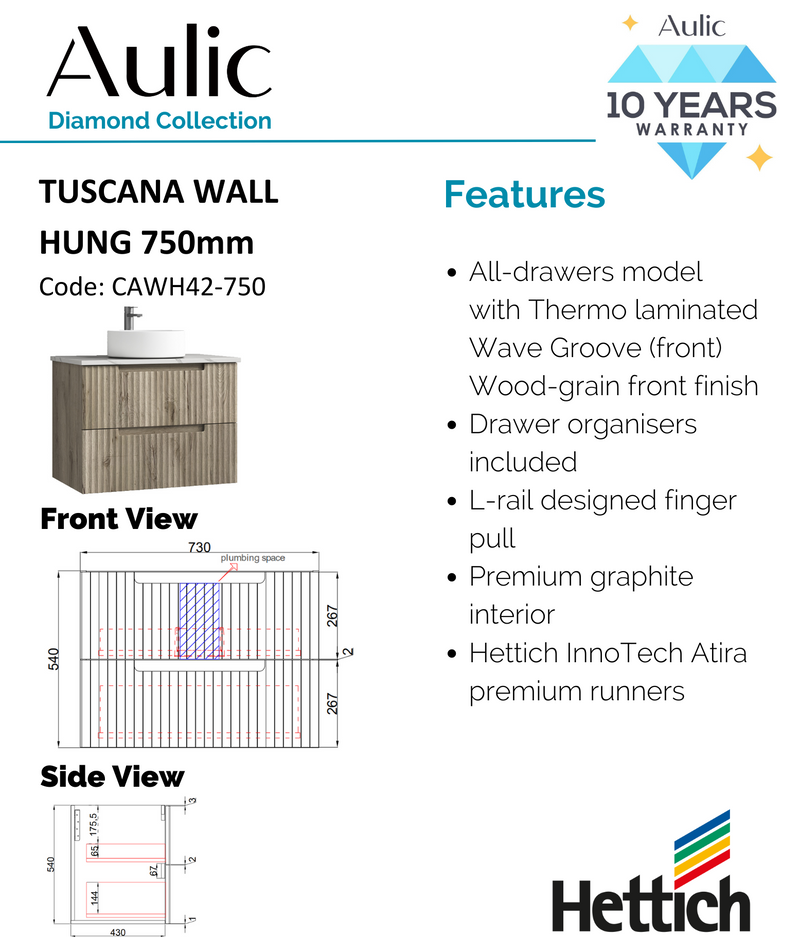 Aulic Tuscana Wall Hung Wave Groove Finger Pull Cabinet 750mm