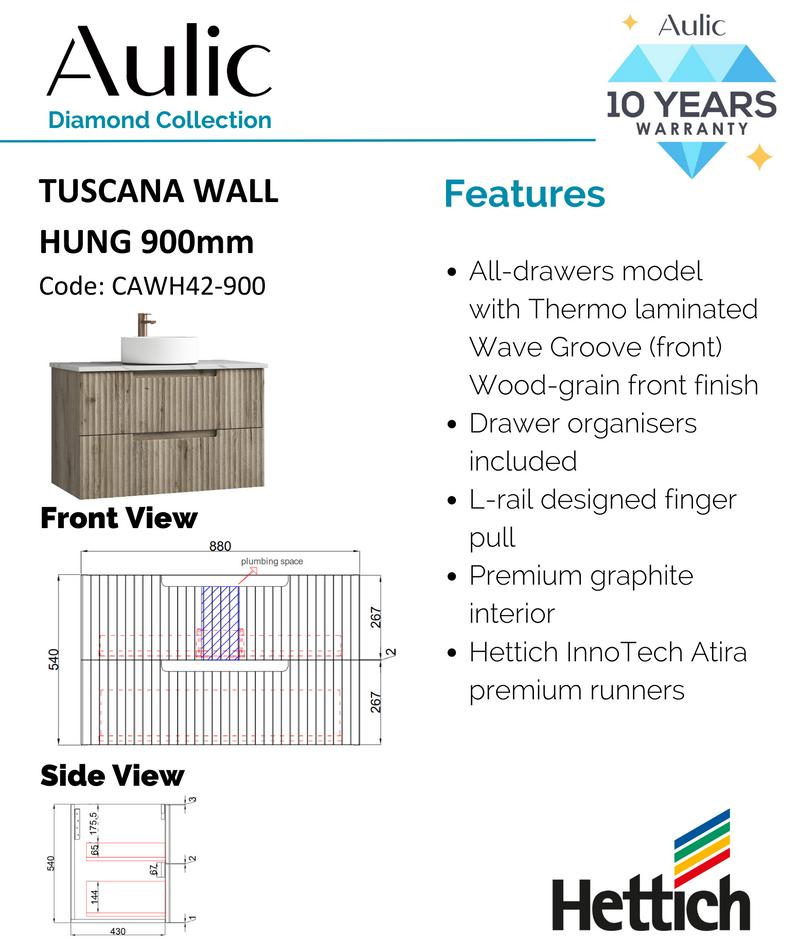 Aulic Tuscana Wall Hung Wave Groove Finger Pull Cabinet 900mm