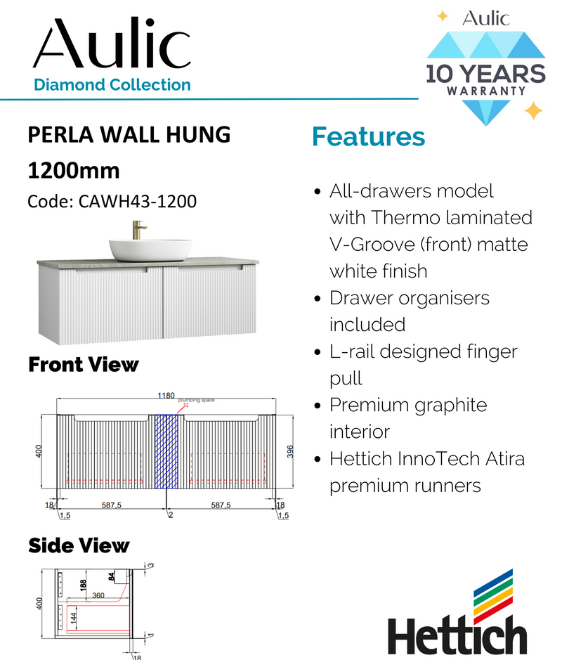 Aulic Perla Mark II Wall Hung V Groove Matte White Finger Pull Cabinet