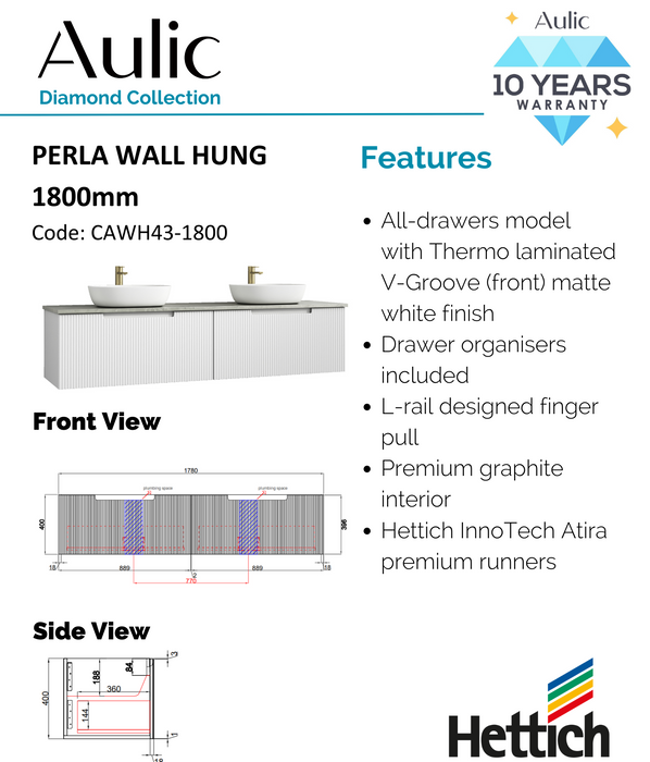 Aulic Perla Mark II Wall Hung V Groove Matte White Finger Pull Cabinet 1800mm