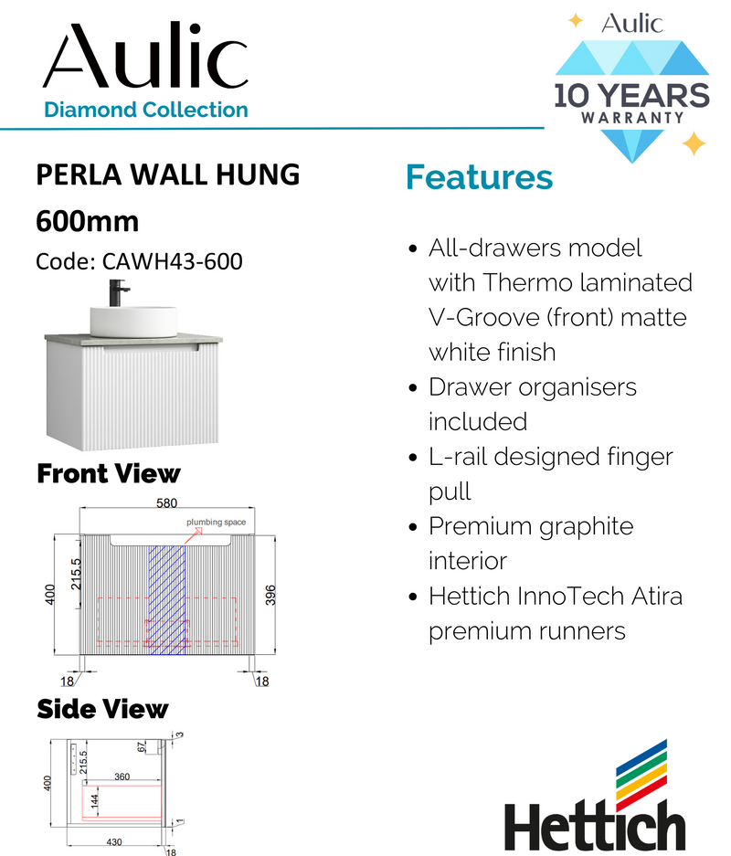 Aulic Perla Mark II Wall Hung V Groove Matte White Finger Pull Cabinet 600mm