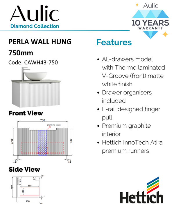 Aulic Perla Mark II Wall Hung V Groove Matte White Finger Pull Cabinet 750mm