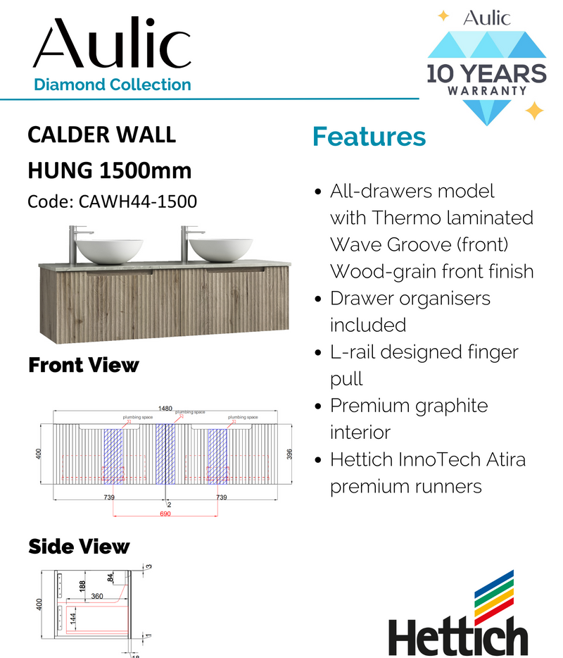 Aulic Calder Wall Hung Wave Groove Finger Pull Cabinet 1500mm