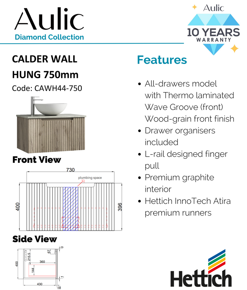 Aulic Calder Wall Hung Wave Groove Finger Pull Cabinet 750mm