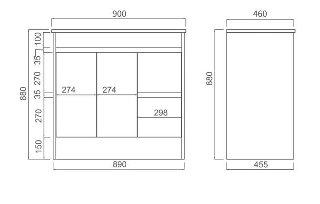 BNK Naga 900mm, Floorstanding, PVC Vanity, Right Hand Drawer, 1TH Inc. Ceramic Basin