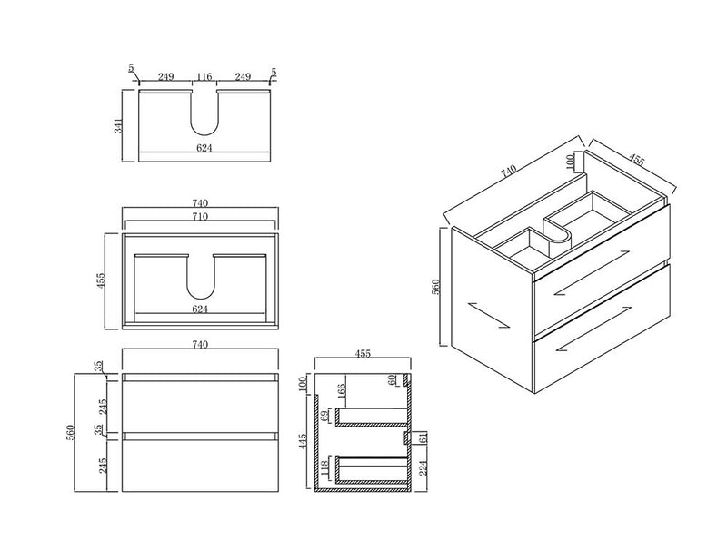 BNK Naga 750mm Wall Hung All Drawer Plywood Timber Wood Grain, 1TH Inc. Ceramic Basin.